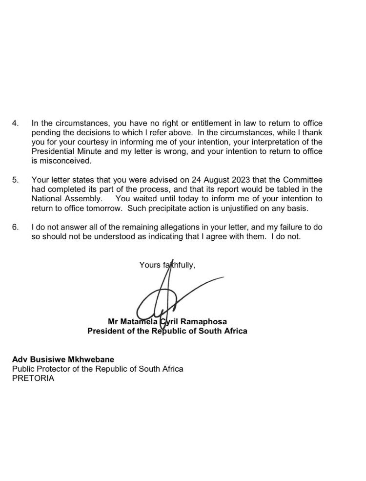 IsmailAbramjee's tweet photo. JUST IN:
President Ramaphosa has warned suspended PP Busisiwe Mkhwebane to steer clear of the PPSA offices after she earlier threatened him that she was going to return to work today. 
In his letter, he states that she is misinterpreting the law and remains suspended. https://t.co/CfHMUcMtHX