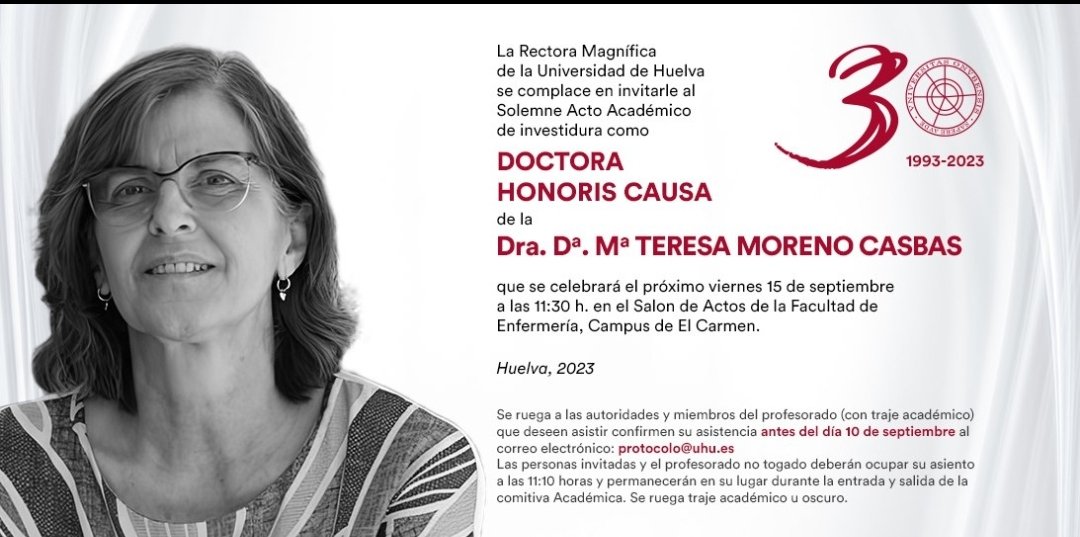 falicamacho's tweet photo. Empieza la cuenta atrás para el acto del año en la Enfermería española, Investidura como Honoris Causa de la Dra. Mayte Moreno Casbas en la @UHU_Enfermeria próximo viernes 15 de septiembre a las 11.30h, Facultad de Enfermería de la UHU. Enlace para streaming disponible pronto! https://t.co/CiinPaWsev