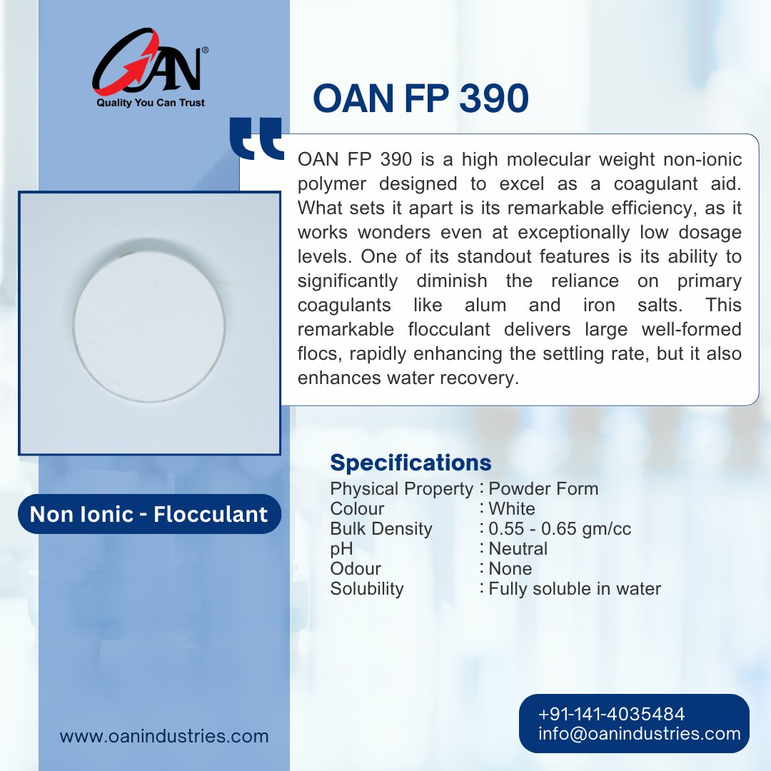 oanindustries's tweet photo. OAN FP 390 - Non Ionic Flocculant
#nonionicflocculants #flocculant #flocculation #nonionic #filtration #coagulation #coagulantaid #waterrecovery #noniconicpolymer #anioic #polymer #mining #miningchemicals #chemicalmanufacturing #oanindustries https://t.co/FJs6Giyleg
