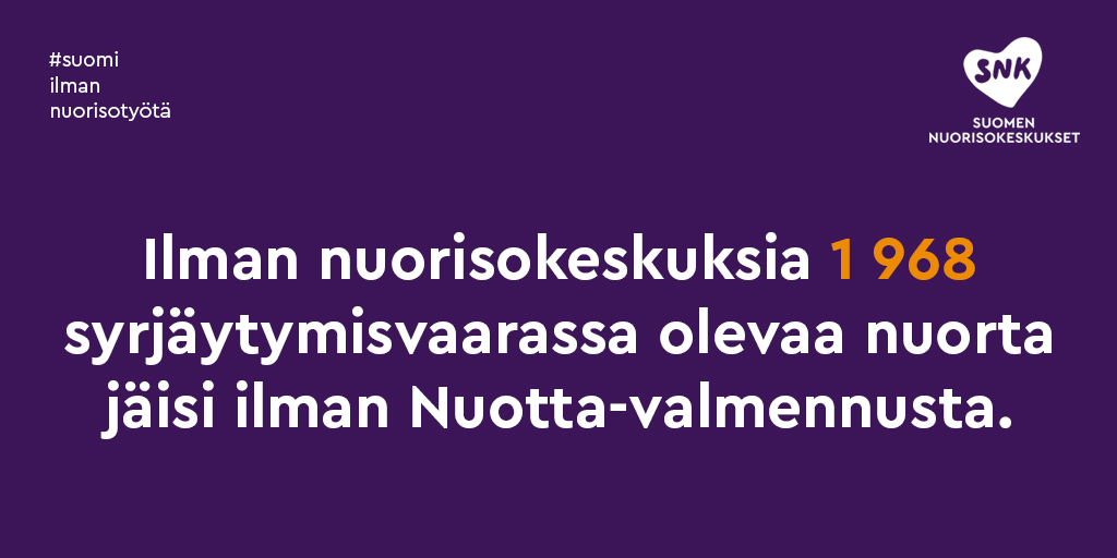 snk_ry's tweet photo. Nuotta-valmennus on toimiva palvelu nuorten syrjÀytymisen ehkÀisemiseksi. Ollut kÀytössÀ v. 2010 alkaen @intolaiset. Testattu onnistuneesti 2v ajan laajennetulle kohderyhmÀlle Korona-pandemian aiheuttaman hyvinvointivajeen korjaamiseksi. #suomiilmannuorisotyötÀ #ilmannuoria https://t.co/rQ5s9qZlVc