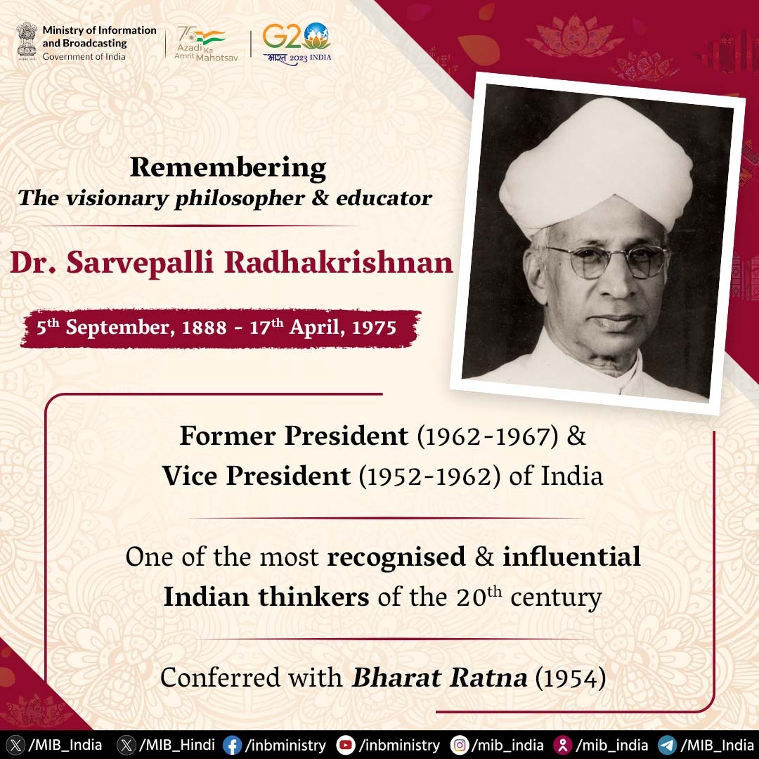 On the special occasion of #TeachersDay, India honours the unwavering dedication, wisdom & guidance of our educators in nurturing and shaping the young minds of the country 👩🏻‍🏫📷 👨🏻‍🏫
Remembering eminent philosopher & educator, #DrSarvepalliRadhakrishnan on his birth anniversary