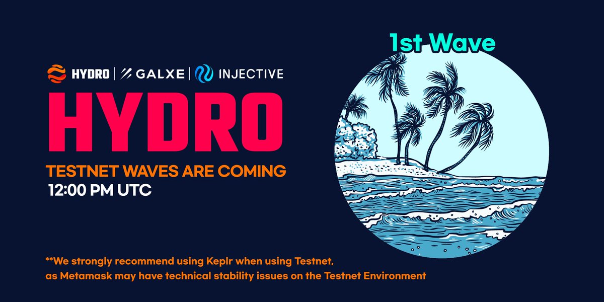 hydro_fi's tweet photo. 🚨🌊Hydro Testnet 1st Wave Alert🌊🚨

Upcoming 4 stages of Hydro Testnet is airdrop based Testnet. Stay tuned & participate!

🗓Testnet Start : Sep. 5th 12:00 PM UTC

🏄‍♀️ Please note that Testnet participation is ONLY valid on PC Webpage. Mobile access is not available at this time

🏄We strongly recommend using #Keplr when using Testnet, as Metamask may have technical stability issues on the Testnet Environment

$INJ #Airdrop $HDRO @Injective_