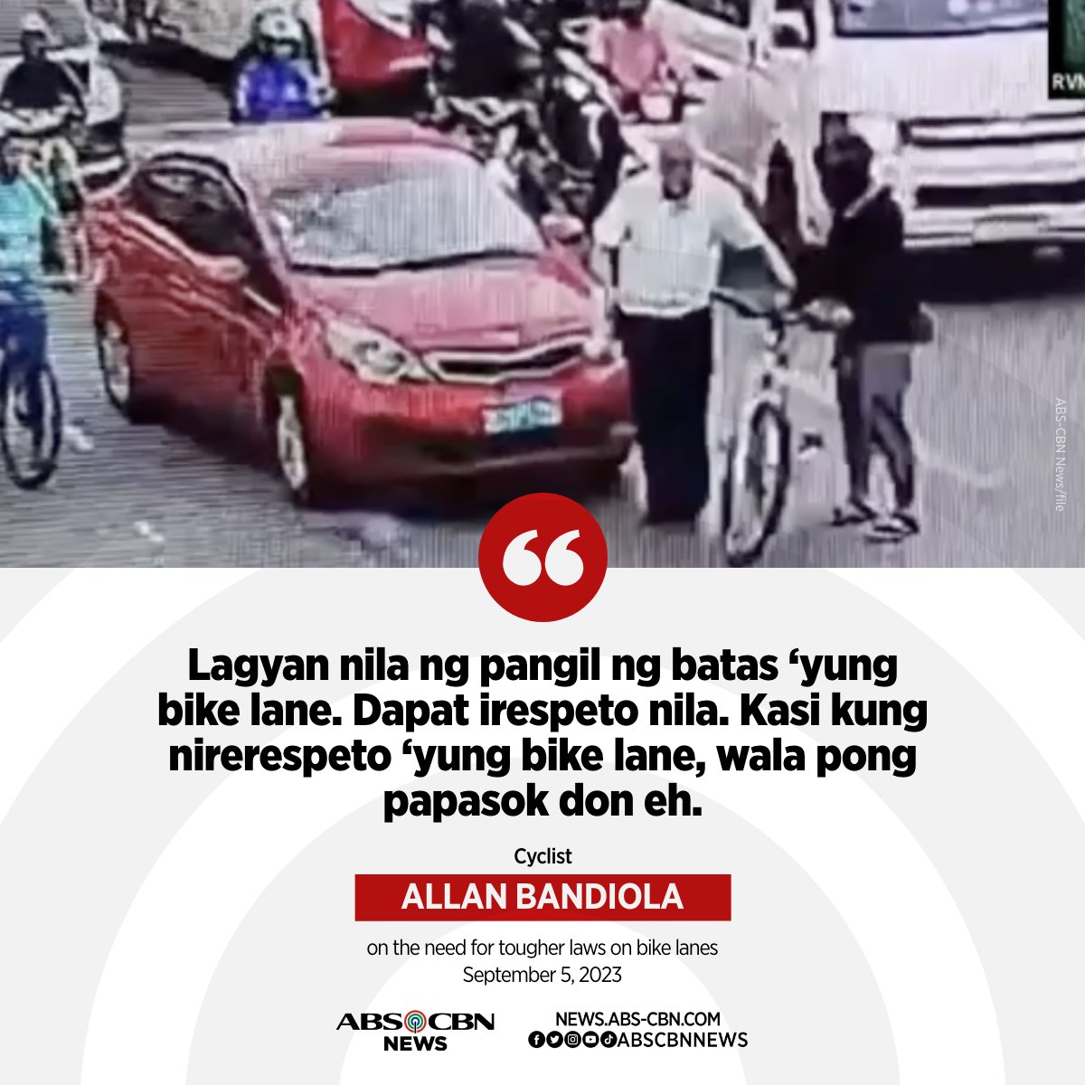 ABSCBNNews's tweet photo. Iminungkahi ni Allan Bandiola, ang cyclist na biktima ng viral road rage video, na lagyan ng "pangil ng batas" ang mga bike lane.

BASAHIN: https://t.co/XlyKEqp8ZB https://t.co/QcVv7eCu0k