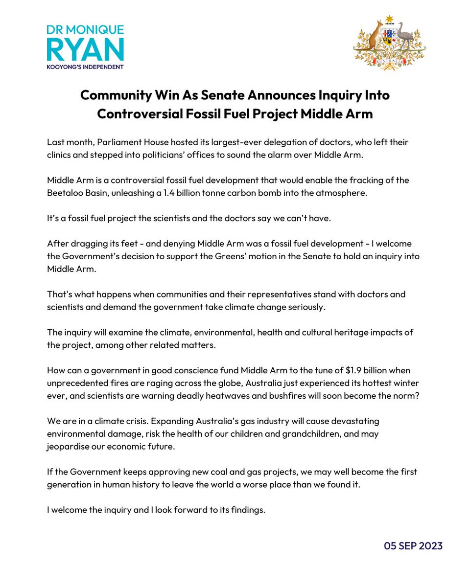 We are in a climate crisis, and risk becoming the first generation in human history to leave the world a worse place than we found it. 

My media release following the news there will be an inquiry into Middle Arm: