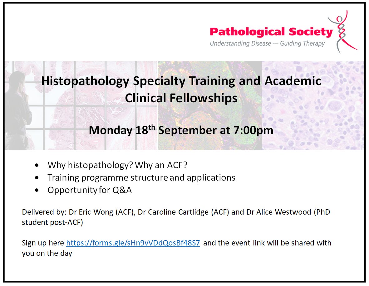 Interested in histopathology? (of course you are!) Want to learn more about histopathology training and a career in academic histopathology? Join three of our excellent ACF/post-ACF trainees on Monday 18th September 19:00 to find out more! 🔬 Sign up here: forms.gle/sHn9vVDdQosBf4…