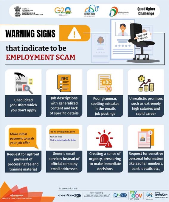 PIBChandigarh's tweet photo. 🕵️‍♂️ Protect yourself from fraudulent job offers and stay cautious while searching for opportunities. Trust your instincts and verify before sharing personal information.

@_DigitalIndia @PIB_India https://t.co/svIbtZYvLM