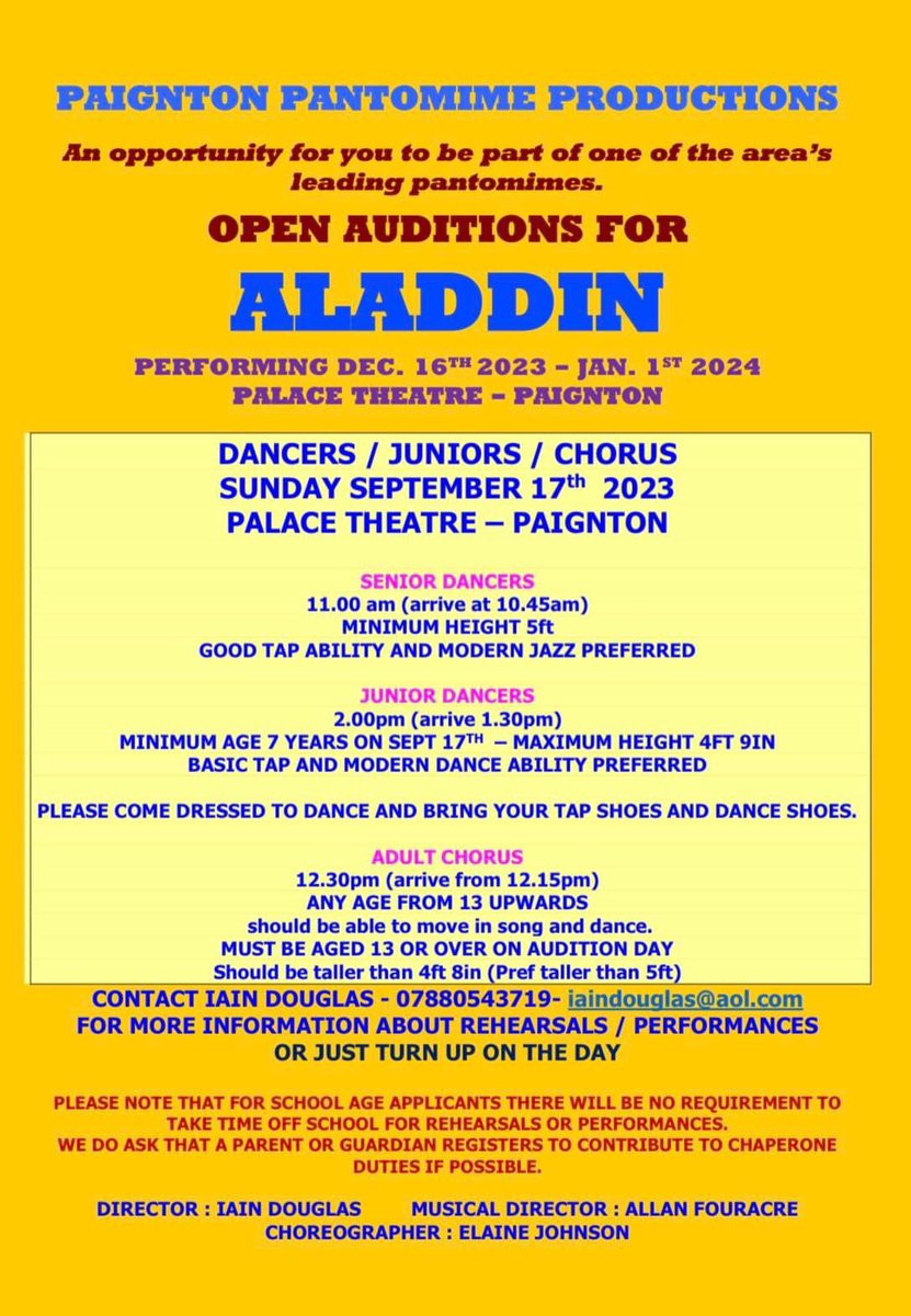 OPEN AUDITIONS FOR <a href="/PaigntonPanto/">Paignton Pantomime</a> #Aladdin on 17 SEPTEMBER in <a href="/StageLeftDevon/">Stage Left Events Venue</a> at Palace Theatre.