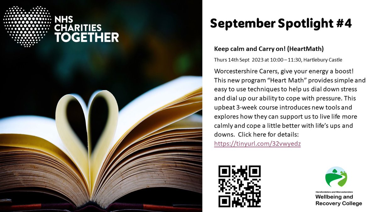 Worcestershire Carers, give yourself a boost by joining these in person sessions hosted by @CarersWorcs as we move into autumn. You can book by clicking here: tinyurl.com/32vwyedz,  using the QR code, or call 0300 3020458 to find out more.