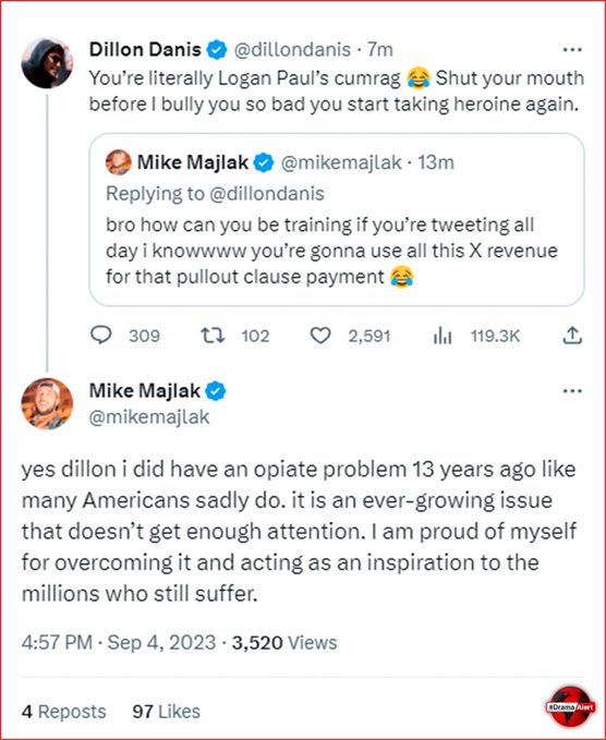 XMediaUpdates's tweet photo. Dillon Danis brings up Mike Majlak's past drug problems in Twitter argument. 👀‼️

#DillonDanis #MikeMajlak #TwitterArgument #CelebrityFeud #DramaAlert #SocialMediaClash #PastIssues #TwitterSpat #OnlineBeef #CelebrityGossip #DrugProblems #InternetDrama #OnlineDrama #FeudAlert #ThrowbackThursday #ViralDebate #TwitterWars #Controversy #CelebrityScandals #EntertainmentNews