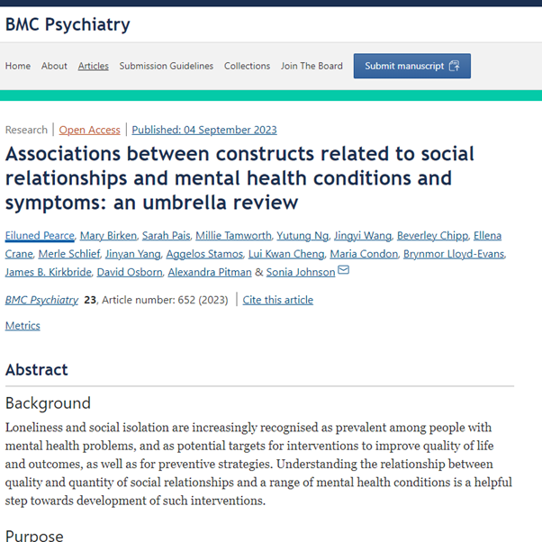soniajohnson's tweet photo. What's the evidence and where are the evidence gaps on the relationship between loneliness and social isolation and mental health? Have a look at our newly published @UCL_loneliness umbrella review addressing this question

https://t.co/AYdI7nQXtl https://t.co/sKnCxeO7i2