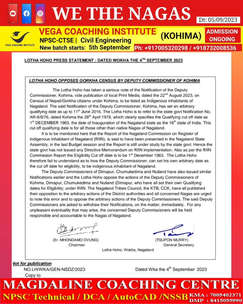 WeTheNagas's tweet photo. Lotha Hoho Opposes Gorkha Census By DC Kohima.
.
.
.
Follow @wethenagas & share News around you:
๐ WhatsApp: +919862025537
๐ E-Mail: wethenagas06@gmail.com
๐ DM, Hashtag or tag @wethenagas
#Nagaland #WeTheNagas #Dimapur #Kohima #LothaHoho https://t.co/y9BUcW2GJa