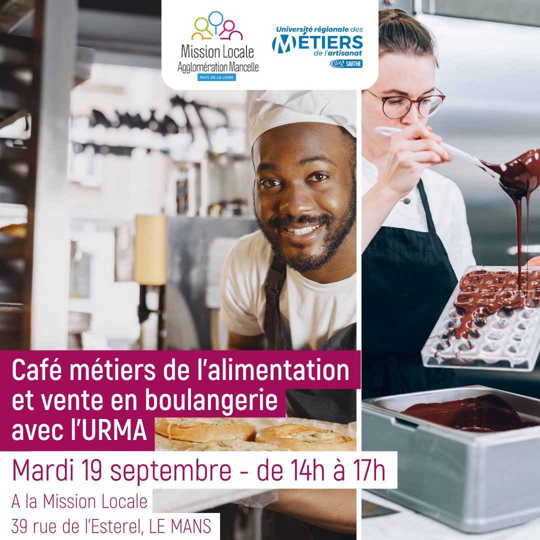 👥 CAFÉ MÉTIERS ALIMENTATION ET VENTE EN BOULANGERIE

🤔 Vous avez envie de découvrir les métiers de l'alimentation et de la vente en boulangerie ? Venez découvrir les formations proposées par l'URMA.

📲 Inscription ici : linscription.com/pro/activite.p…

#MissionLocale #mlmans #emploi
