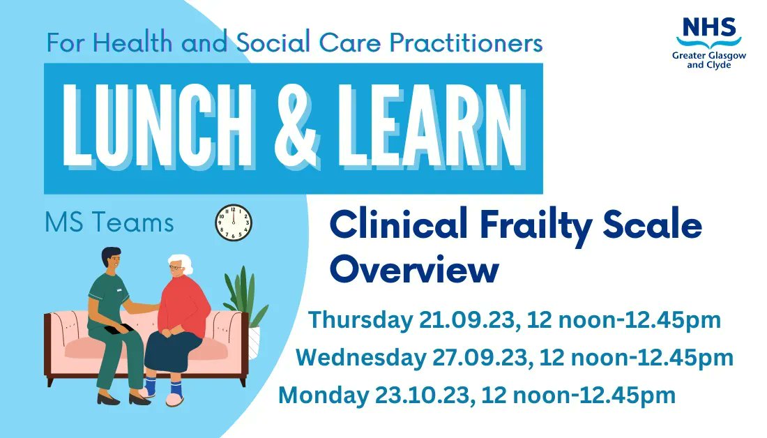 Delighted to launch 🚀 our NEW Lunch & Learn 📝 Clinical Frailty Scale Overview ⬇ ▪What do we mean by a ‘spectrum of frailty’ ▪How do we use CFS to screen for this? To book 👉 buff.ly/3R6awXO @EastDunHSCP @GCHSCP @WDCouncil @RenHSCP @InverclydeHSCP @erhscp @NHSGGC