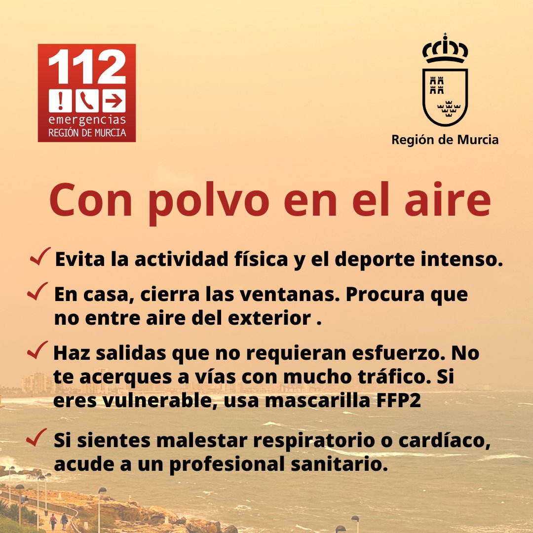 112rmurcia's tweet photo. La Dirección General de Medio Ambiente advierte de que la calidad del aire es hoy martes EXTREMADAMENTE DESFAVORABLE. 
Por ello, las autoridades sanitarias aconsejan tomar medidas de protección, sobre todo a la población vulnerable.

🔗https://t.co/7x2Hbtn1xW https://t.co/7fAkCXb2Mc
