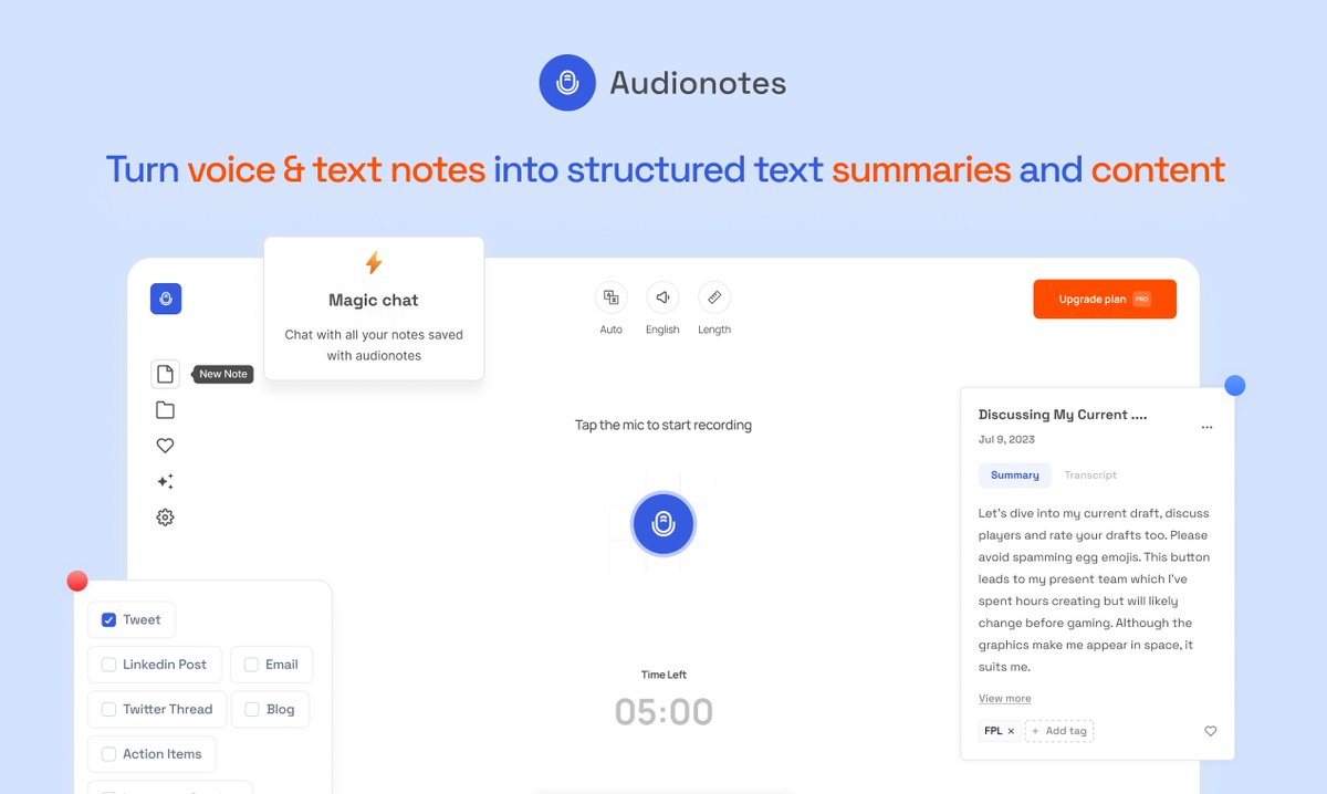 Vatsal Sanghvi (@vc_sanghvi) on Twitter photo Thrilled to launch Audionotes Pro on <a href="/ProductHunt/">Product Hunt ๐ธ</a>
Transform your scattered incoherent voice notes, text memos, or recordings into organized text summaries. Generate content and chat with all your notes.
๐ Now live on Product Hunt
producthunt.com/posts/audionotโฆ Thrilled to launch Audionotes Pro on <a href="/ProductHunt/">Product Hunt ๐ธ</a>
Transform your scattered incoherent voice notes, text memos, or recordings into organized text summaries. Generate content and chat with all your notes.
๐ Now live on Product Hunt
producthunt.com/posts/audionotโฆ