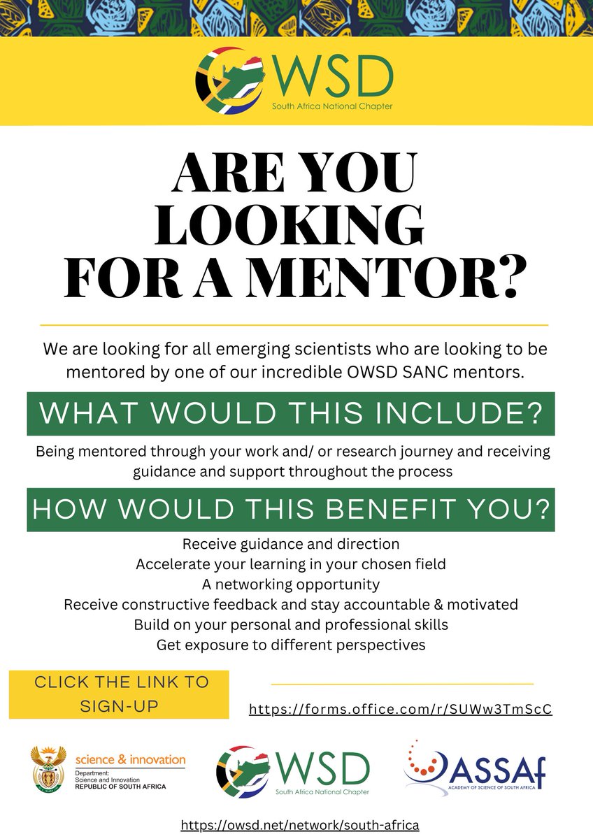owsd_sanc's tweet photo. #OWSDSANC is looking for mentees to join our exciting new mentorship programme!
We're looking for all emerging scientists who want to be mentored through their research and/ or career journeys!
Sign up using the link below:
https://t.co/q8rgkMM5Eg
#owsd #mentor #womeninscience https://t.co/yJlae3s8df