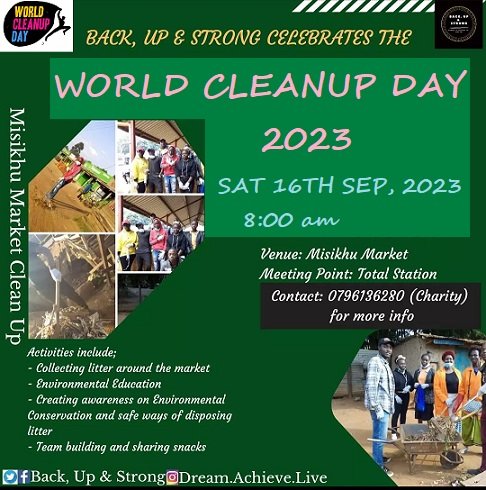 LetsDoItKenya's tweet photo. Join our friends @DreamAchieversk in Webiye - Misikhu Market at the total petrol station in marking #WorldCleanUpDay on 16th September as from 9:00 am. See more details on the poster. #11 days to #worldcleanupday2023 #letsdoitworld #letsdoitkenya #thinkb4trashing https://t.co/zYUiOsx1EB