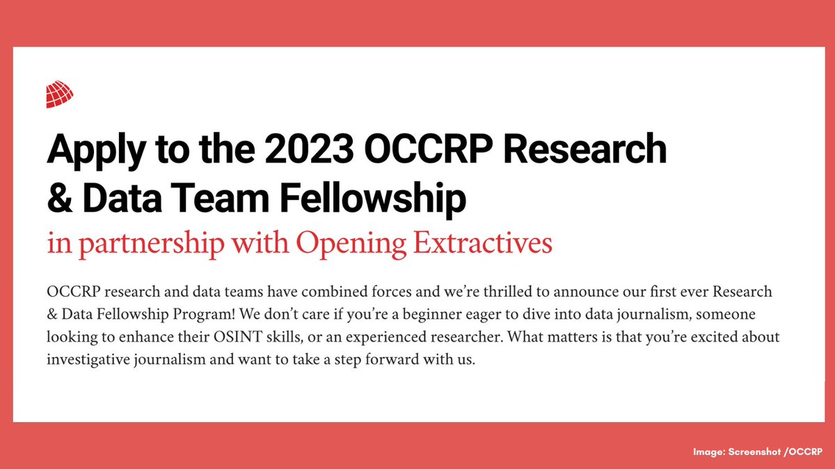 ✒️ FELLOWSHIP OPPORTUNITY @OCCRP is looking for 6-8 fellows for an 8-week hybrid program in Amsterdam between November 1-13. Successful applicants will learn about #OSINT, research, and data. 🗓️ Apply by: September 29. More: buff.ly/44sR9v2
