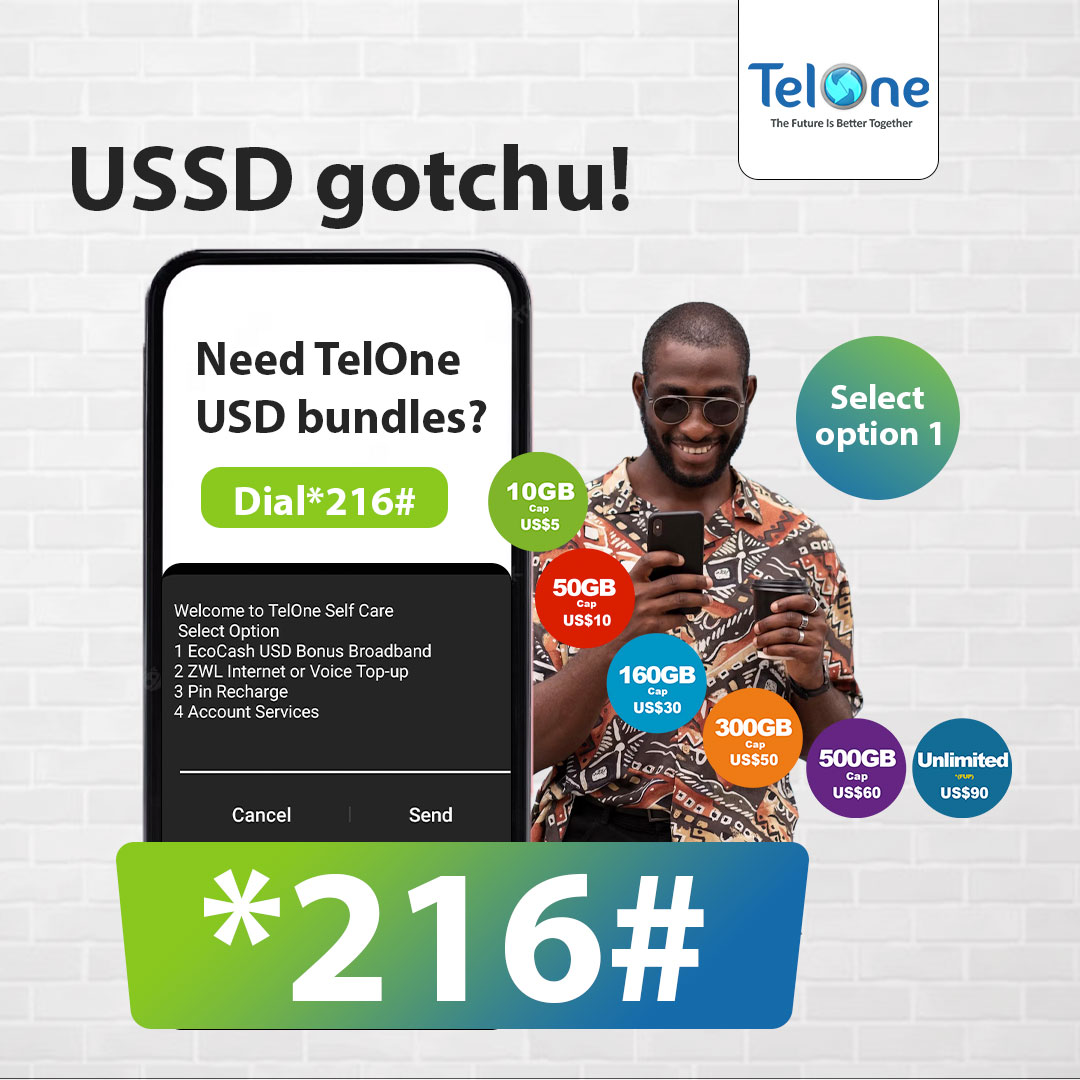 TelOneZW's tweet photo. Need TelOne USD bundles?
Simply Dial *216# and select Option 1. Convenience at your fingertips! https://t.co/LhkxkV5idg
