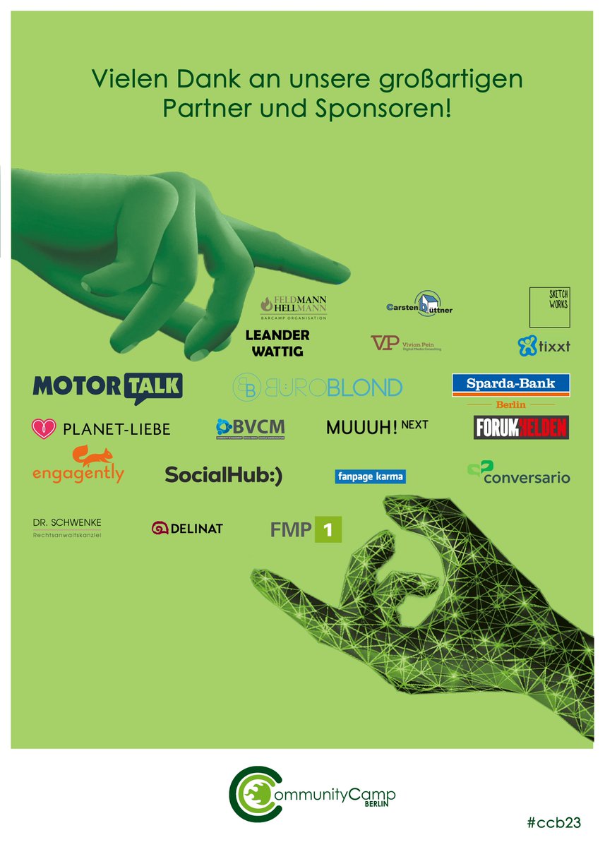 communitycamp (@communitycamp) on Twitter photo Ohne unsere großartigen Partner würde es kein <a href="/communitycamp/">communitycamp</a> Berlin geben. Vielen Dank für eure fantastische Unterstützung beim #ccb23 und vor allem auch, dass ihr vor Ort gewesen seid und eure Expertise eingebracht habt. Ihr fetzt! Ohne unsere großartigen Partner würde es kein <a href="/communitycamp/">communitycamp</a> Berlin geben. Vielen Dank für eure fantastische Unterstützung beim #ccb23 und vor allem auch, dass ihr vor Ort gewesen seid und eure Expertise eingebracht habt. Ihr fetzt!