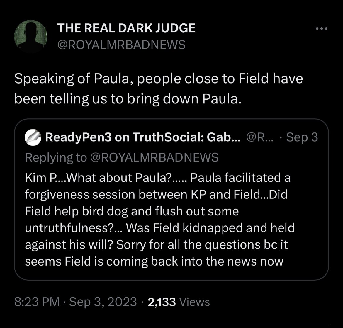 PaulaCBlades17's tweet photo. Good Luck with that one 🤣😂🤣 you Lying POS.  I have todays #FieldMcConnell clip about 
  “THE REAL DARK JUDGE” @ROYALMBADNEWS, the truth about Field’s release & his relationship, today, with Mike and @Kim_Picazio.  

Hope this clears up your Honesty Issues…. 

Full Video: https://t.co/n5uZRMTj6p