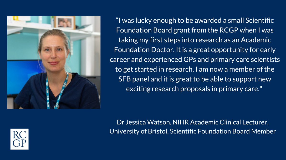 RCGP members, why not follow in the footsteps of Dr Jessica Watson and apply for a Scientific Foundation Board grant for research studies based in primary care? Find out more and apply by Monday 11 September, 23:59. ➡️ …eneralpractitioners.grantplatform.com #TeamGP