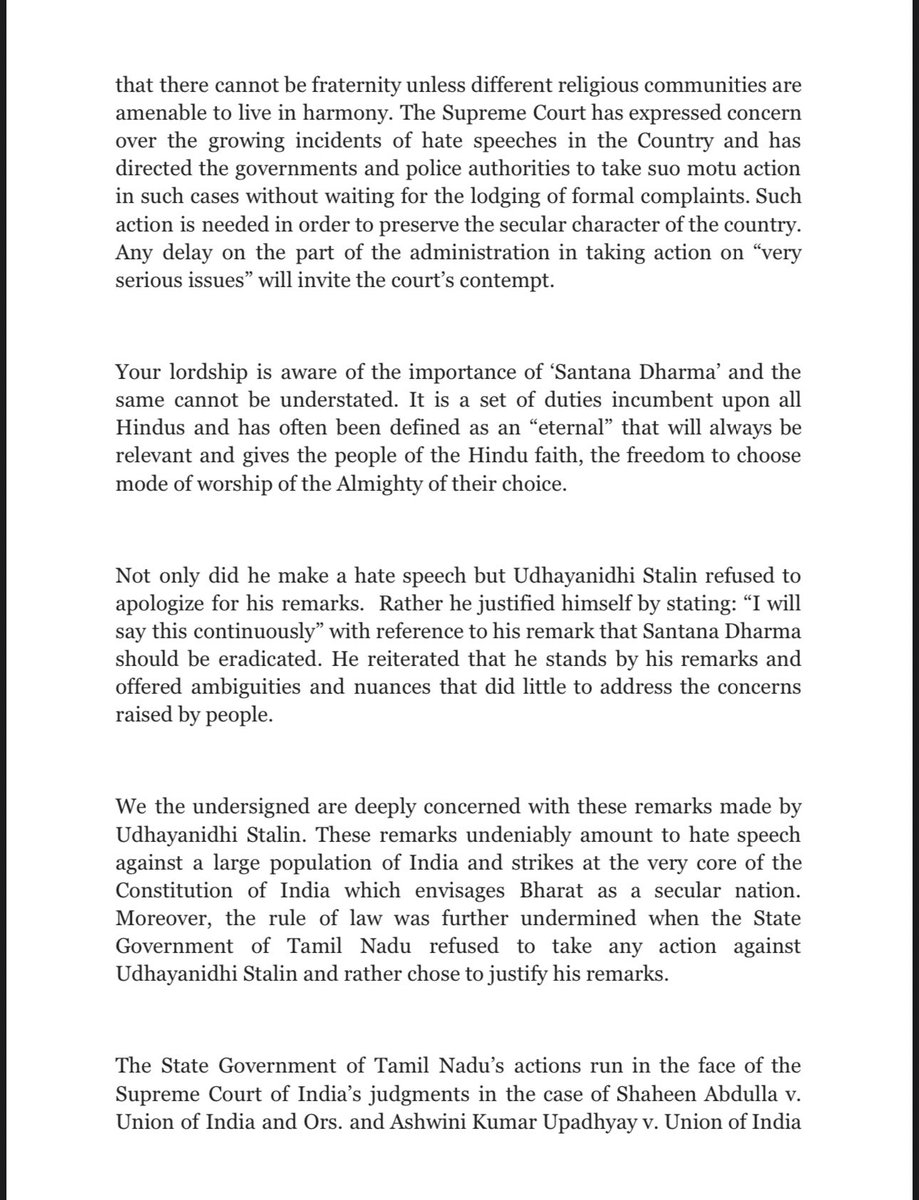 AdityaRajKaul's tweet photo. #BREAKING: Over 262 Eminent citizens of Bharat including former High Court judges and Bureaucrats write to Chief Justice of India asking him to take note of Udhaynidhi Stalin’s hate speech on #SanatanaDharma in terms of the recent order of Supreme Court in Shaheen Abdulla Vs Union of India case, in which it directed the governments and police authorities to take suo motu action in such cases without waiting for the lodging of formal complaints.