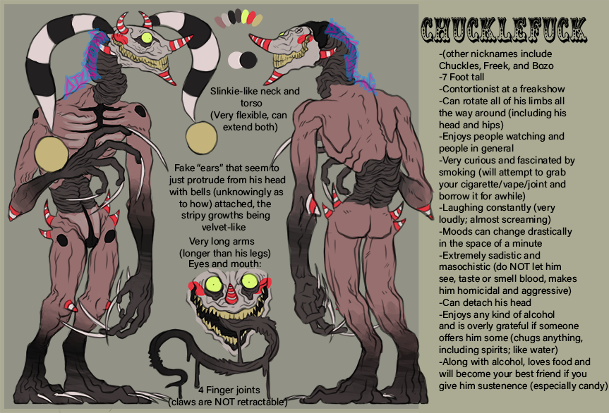 SkuzzTheJester's tweet photo. INTRODUCING CHUCKLEFUCK
#digtalart #art #monster #originalcharacter #characterdesign #refsheet #referencesheet https://t.co/u2e09SVMYp