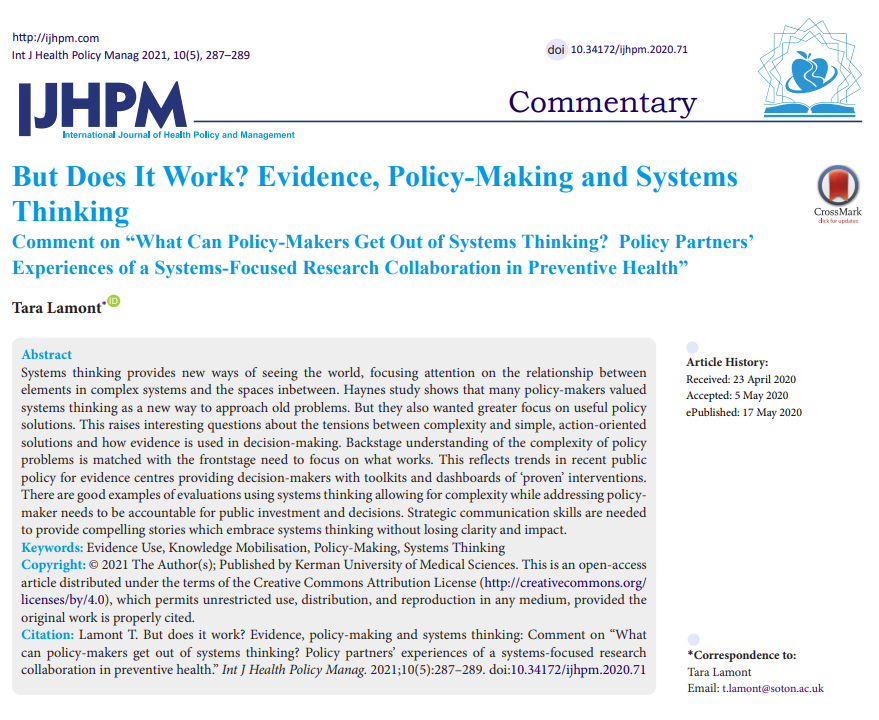 But Does It Work? Evidence, #PolicyMaking and #SystemsThinking ijhpm.com/article_3813.h… doi.org/10.34172/ijhpm… #EvidenceUse #KnowledgeMobilisation #IJHPM #HealthPolicy #EvidenceBasedPolicy #Commentary #PolicyMakers