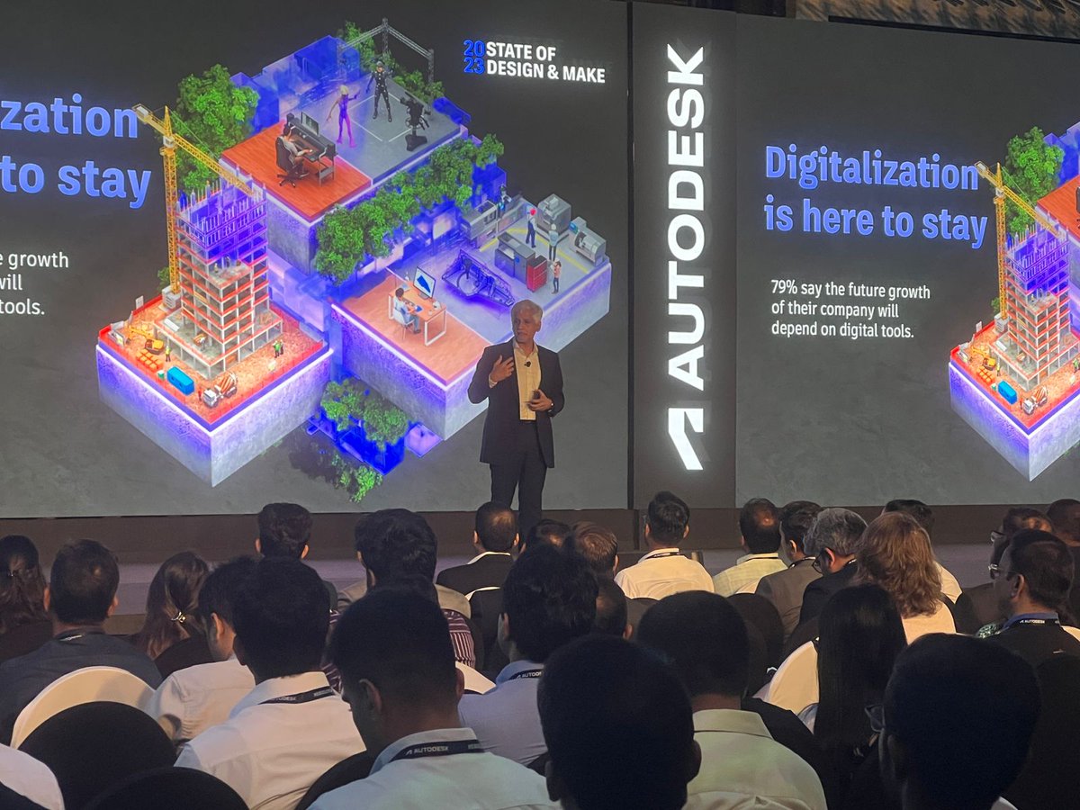 autodeskindia's tweet photo. Haresh Khoobchandani sets a powerful tone for Autodesk CONVERGE INDIA 2023:  Imperative to move beyond CAD &amp; BIM to Cloud Connected Platforms for global need of resilience &amp; sustainability 🌐 🌿 

Next, Autodesk's Srinath Jonnalagadda explores #DesignAndMake possibilities. https://t.co/UORW7rMktc