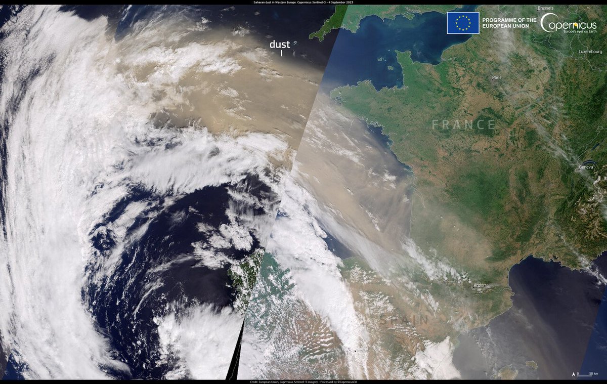 Dün, büyük bir #SahraTozu fırtınası Batı Avrupa'yı vurdu.

Copernicus #Sentinel3 tarafından 4 Eylül'de elde edilen görüntüde görüldüğü gibi, sahra tozu bulutu #Fransa ve #İspanya semalarını yuttuktan (kirlettikten) sonra Atlantik Okyanusu'na ulaştı.