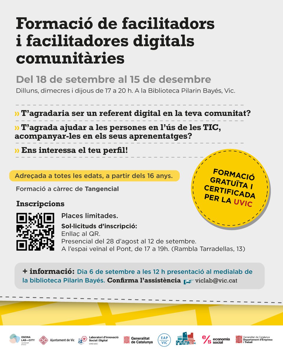 ComunalitatVic's tweet photo. 📝Obertes preinscripcions presencials de la Formació de la Xarxa de Facilitació Digital #XFDVic
📆De dilluns a divendres de 17 a 19h al Pont (rambla Tarradellas, 13)
👉Aquest dimecres, sessió informativa a la @BibliotecaVicPB
📲Info i inscripcions en línia: viclab@vic.cat https://t.co/iFJnvINanE