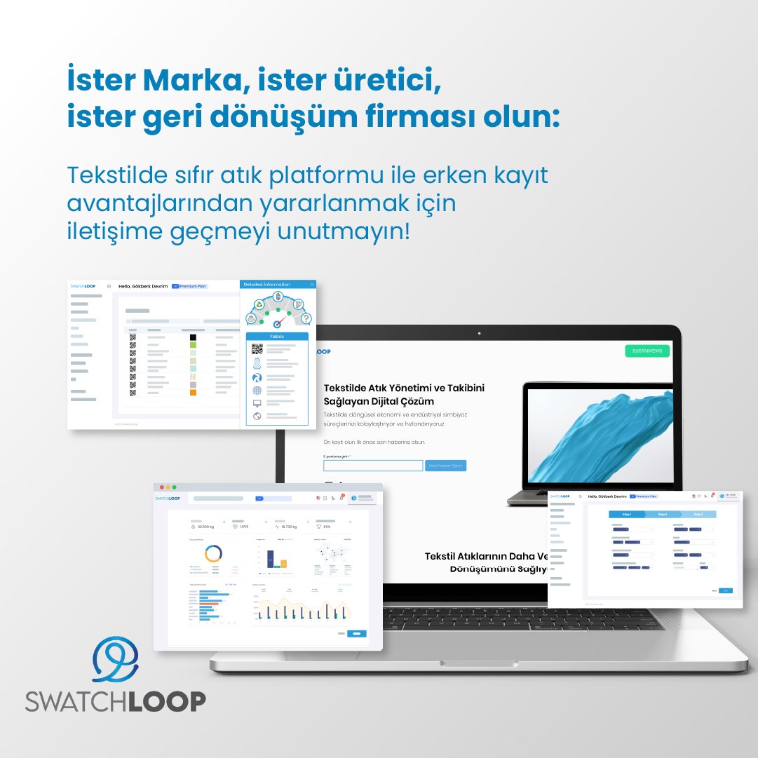 İster Marka, ister üretici, ister geri dönüşüm firması olun.  SwatchLOOP’un tekstilde sıfır atık platformu ile yakalayabileceğiniz avantajları keşfetmeye hazır olun!
Erken kayıt indirimlerinden yararlanmak için bizimle iletişime geçebilirsiniz.

info@swatchloop.com

#swatchloop