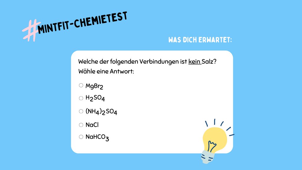 In der Schule sind bei dir im Chemieunterricht nur Atome, Moleküle und das Periodensystem hängen geblieben? Du möchtest dich aber in Chemie wieder fit machen? Dann nutze hierfür das MINTFIT-Chemieangebot, klicke dich durch und werde zum Chemiecrack!🤓
➡️mintfit.hamburg/tests/chemie/