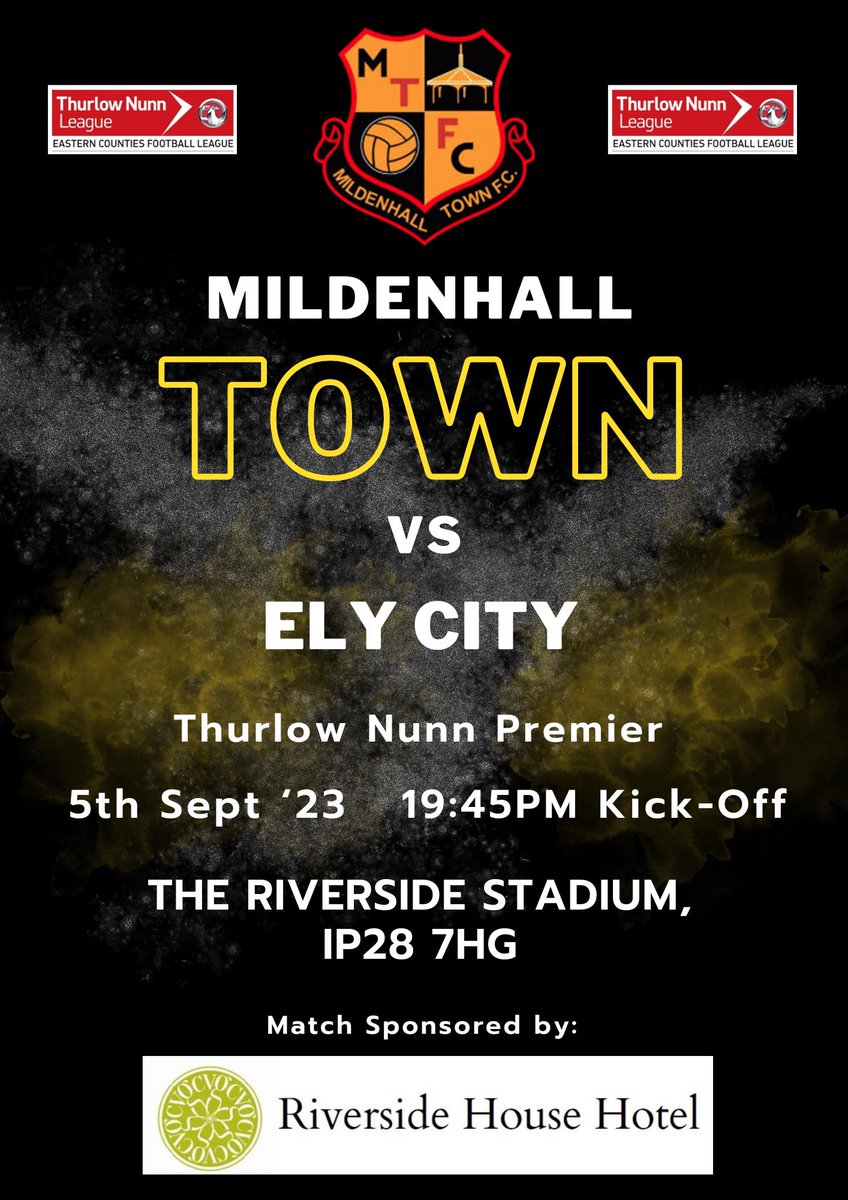 ⚽️ MATCH DAY ⚽️ 

We welcome <a href="/ElyCityFC/">Ely City FC</a> to The Riverside Stadium tonight for our league encounter.

The match is sponsored by <a href="/RiversideHHotel/">The Riverside House Hotel</a> - thank you for your support.

7:45pm kick-off 

Bar &amp; kitchen open

Get along and cheer the boys on

#upthehall