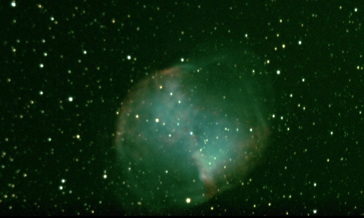 Sleepy today. The first really good clear sky/early darkness night for a long time, so up until 1am. Here is M27 - the Dumbbell Nebula. The remains of a star that was once just like ours before it ran out of fuel and 'lost its equilibrium' rather messily.