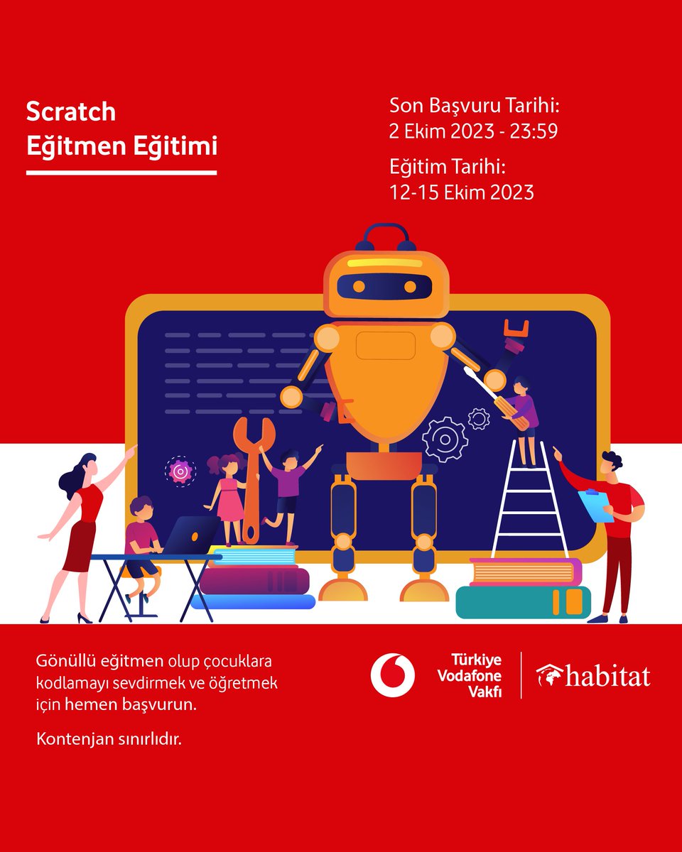 🚨Yarını Kodlayanlar Projesi gönüllü Scratch eğitmenlerini arıyor! 👨‍💻Siz de Scratch eğitimi alıp, çocukların hayal güçleri ve yaratıcılıklarını kodlama bilinciyle geliştirebilmelerine yardımcı olmak istiyorsanız hemen başvurun. 📅 Eğitim Tarihi: 12-13-14-15 Ekim 2023