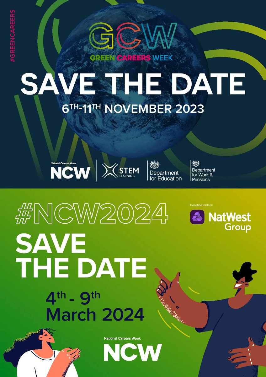 Never underestimate the difference 𝗬𝗢𝗨 make to young people.

We are here to support. 

Exciting dates for your #careers calendar 👇 

🌱#GreenCareersWeek 2023. 🌎

🗓️ 6th - 11th November 2023 

🎉#NationalCareersWeek 2024.

🗓 4th - 9th March 2024. 

#BacktoSchool