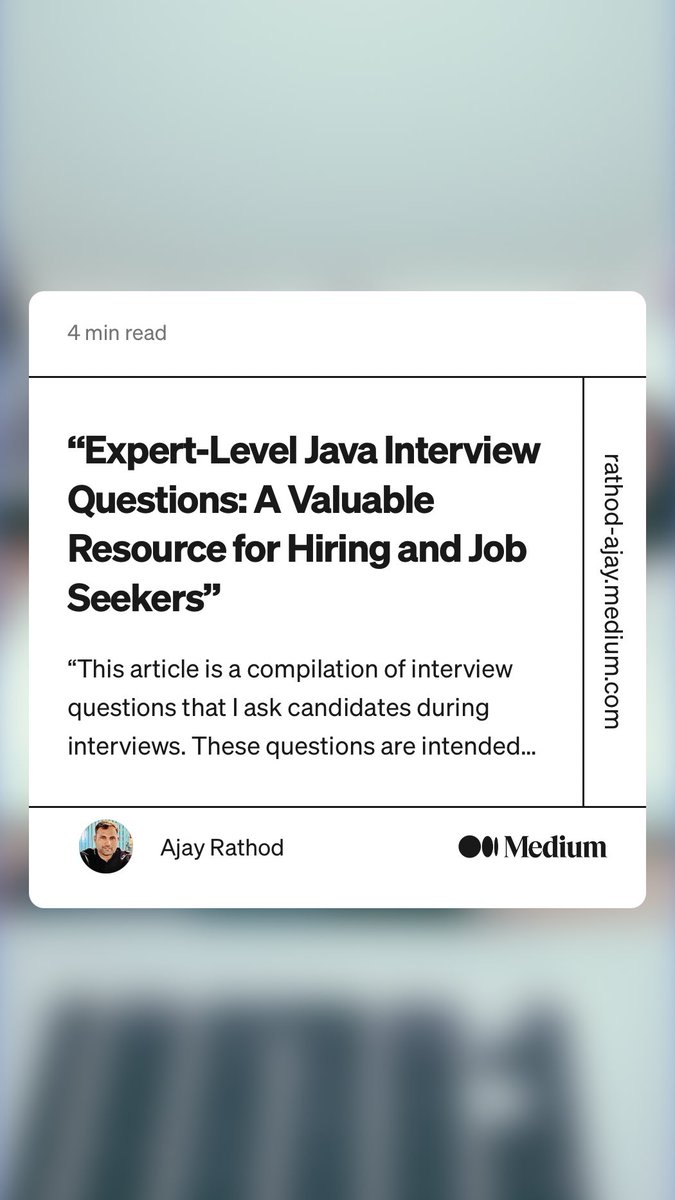 'Curious about interviewers' questions for Java developers? 

Check out my interview question list! 

Here is my personalised set of questions and topics i use in an interview.

#InterviewTips #JavaDevelopers'

⁦@javinpaul⁩ ⁦@javarevisited⁩

rathod-ajay.medium.com/java-microserv…