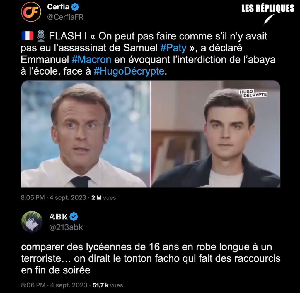Les_Repliques's tweet photo. Hier, le président @EmmanuelMacron a fait le rapprochement entre #abaya et #terrorisme en évoquant #SamuelPaty dans une interview accordée à Hugo Décrypte

@213abk https://t.co/qhZoC0C2XV
