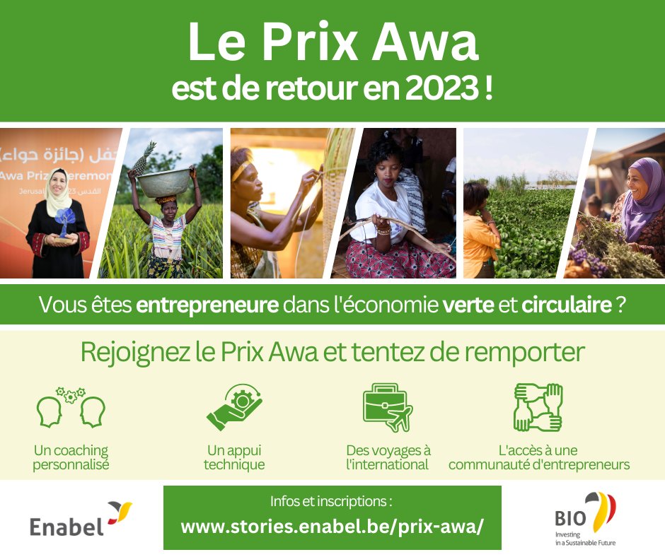 Le Prix Awa est de retour 🏆 Pour cette édition 2023, Enabel met à l’honneur les entrepreneures actives dans l'économie verte et circulaire. 👉 Inscrivez-vous avant le 15 septembre : stories.enabel.be/prix-awa/ #EnablingChange #entrepreneuriatfeminin #AwaPrize