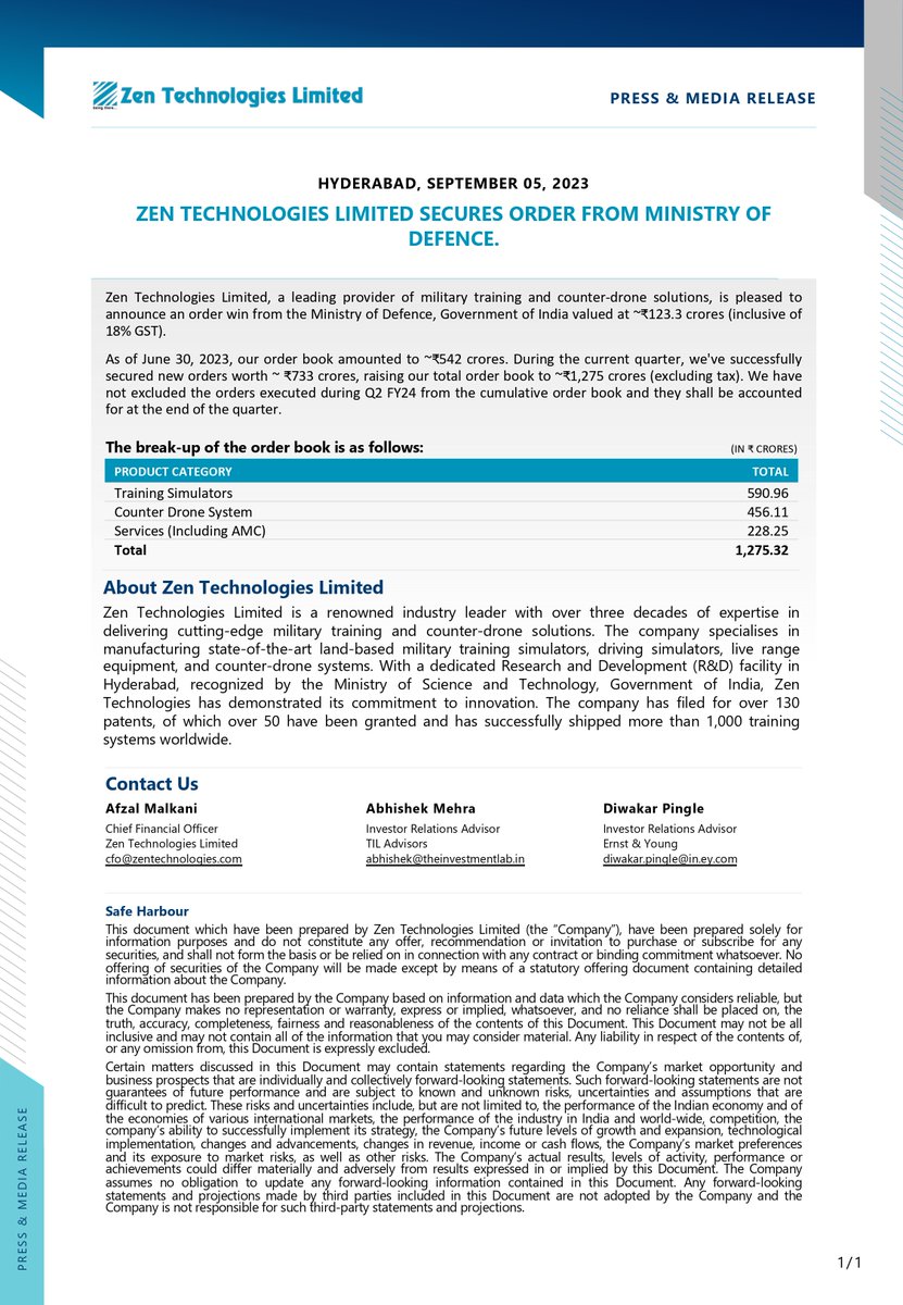 🇮🇳Exciting news! @ZenTechnologies is proud to secure a ₹123 crore order from India's Ministry of Defence🇮🇳. This remarkable opportunity reaffirms our commitment to bolstering India's defence capabilities. 🛡️💪 #BeingThere #DefenceInnovation #IndianDefence #StrongerTogether