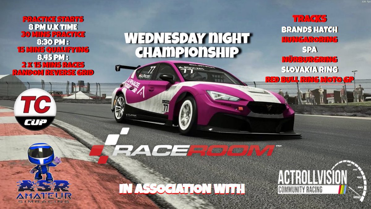 Wednesday night TCR Cup action on Raceroom. Introducing ACR x ASR collab

-TCR Cup
-Starts Oct 4th for 6 weeks
-Wed evenings 8pm BST - 9:30pm BST
-30 mins Practice, 10 mins Quali &amp; 2x 15 minute races. Random reverse grid for race 2.

Sign up here! actrollvision.com/league/RR/PC/a…