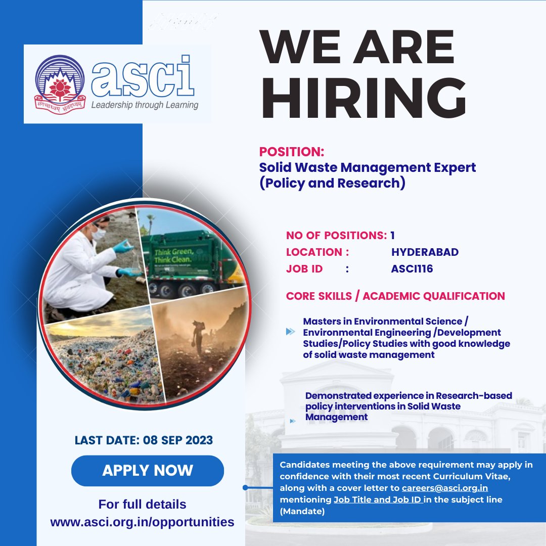 Join us for an #impactfulcareer
@Urban_ASCI is hiring for multiple positions in the areas of Solid Waste Management, Sanitation and social sciences research. 
Visit asci.org.in/opportunities/ for detailed job descriptions on the posts.
#Hiring #devnetjobs
@Chary_VSC @ASCIMEDIA