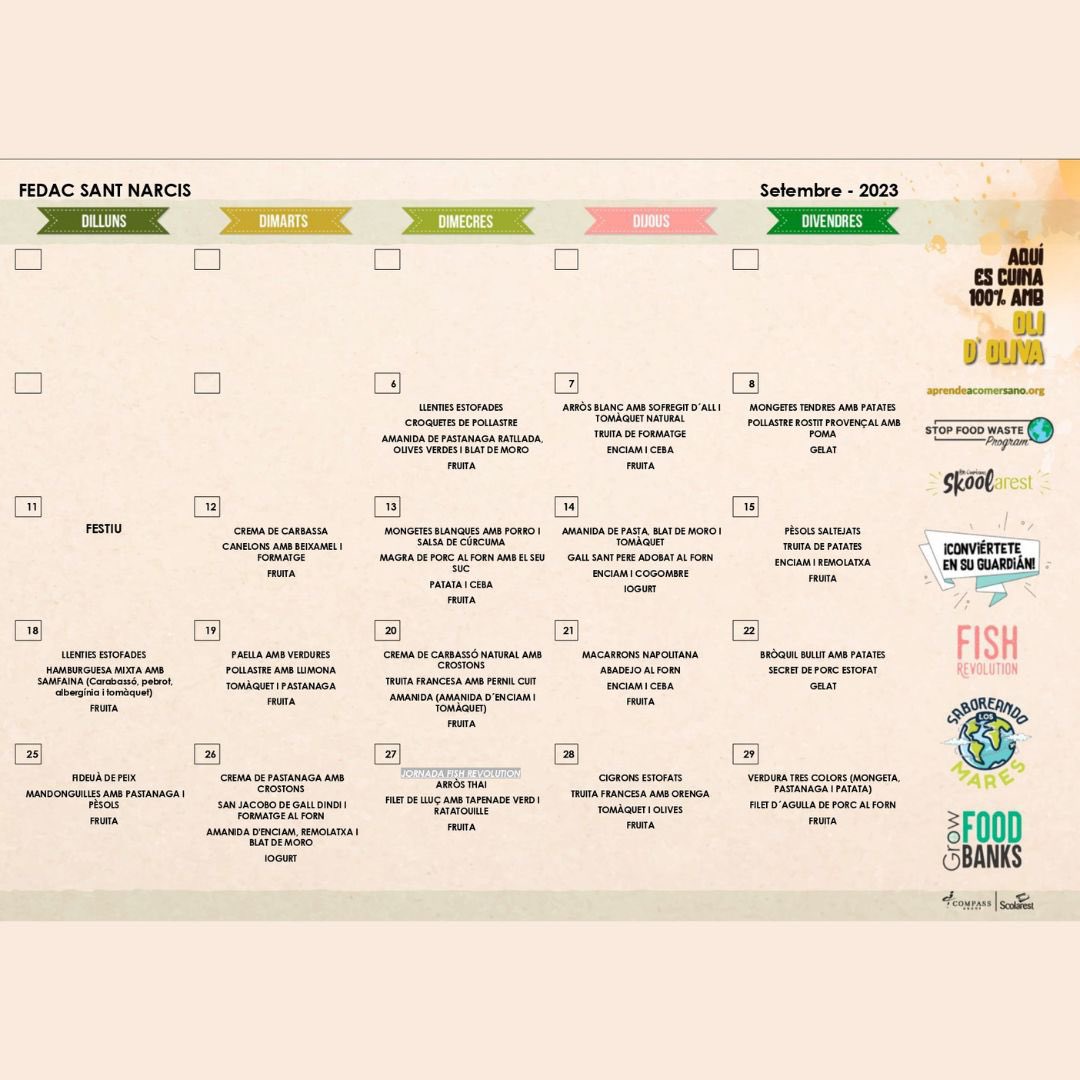 FEDACSantNarcis's tweet photo. Els fogons de #fedacsantnarcís es comencen a encendre per preparar el menú del mes de setembre.
Bon profit 🥭🍅🥦
#menjador #menjadorescolar #menú #scolarest #santnarcís #girona #gironès https://t.co/ZVQ1ae02Cy