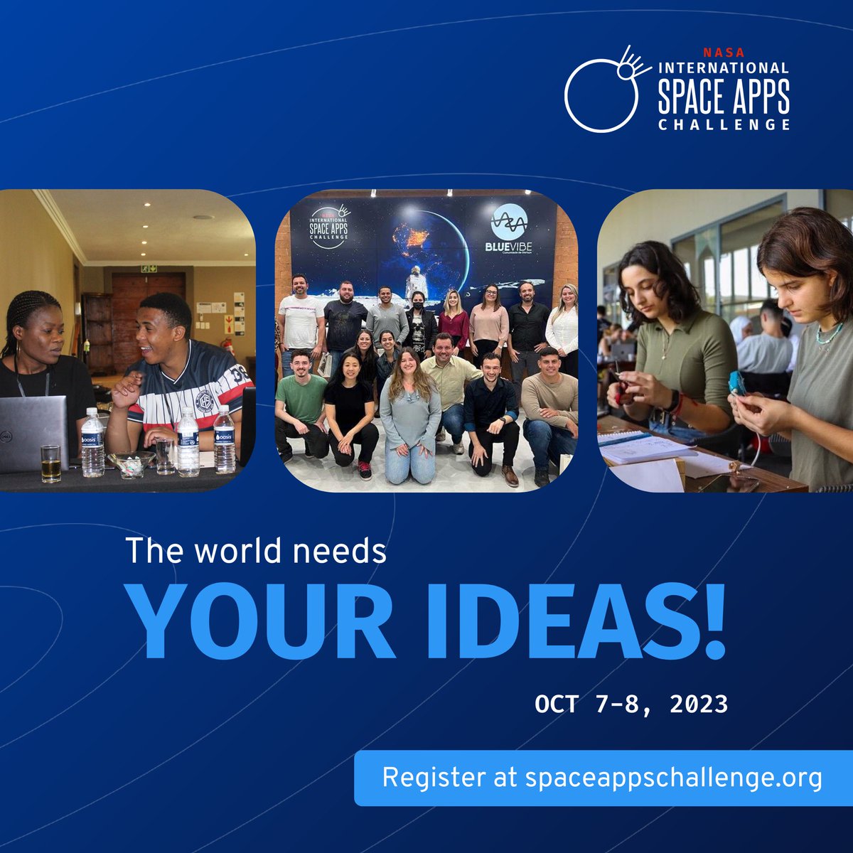 The world needs your ideas! On October 7-8, 2023, @NASA and @AppsDar50232 are calling people from around the globe to join this year’s NASA International Space Apps Challenge, the largest annual global hackathon. ✨🛰️🚀