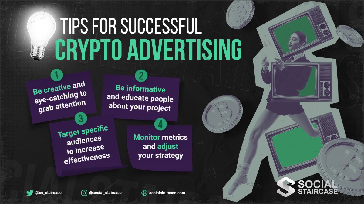 So_staircase's tweet photo. 👁‍🗨 Want to know the key to successful crypto advertising?  

Here's a hint: It's all about creativity, education, targeting, and constant optimization.   Find out more by reading our tips!
 #socialstaircase #advertising #web3

Check our portfolio at https://t.co/o0zaQWAOHH https://t.co/B8UByeIA56