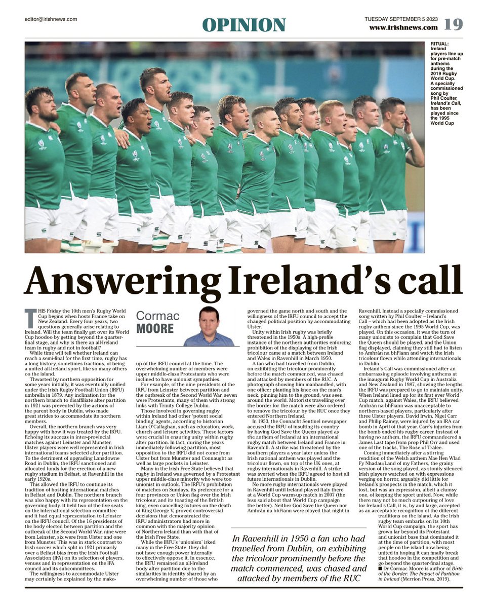 cormacmoore's tweet photo. With just days before the Rugby World Cup begins, my article in today’s Irish News on why rugby has remained an all-Ireland sport, despite some fractious moments that have threatened its unity. https://t.co/99GDtggxxj
