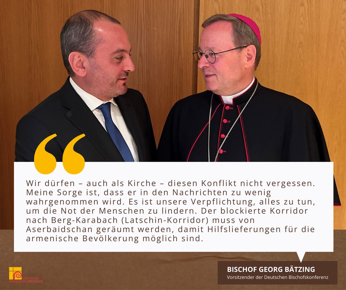 Der Vorsitzende der Deutschen Bischofskonferenz, Bischof Dr. Georg #Bätzing, hat am Rande eines Empfangs in #Berlin mit dem #Botschafter der Republik #Armenien, Viktor #Yengibaryan, über die dramatische Lage in der Region #Arzach (Berg-Karabach) gesprochen. Der Botschafter hat