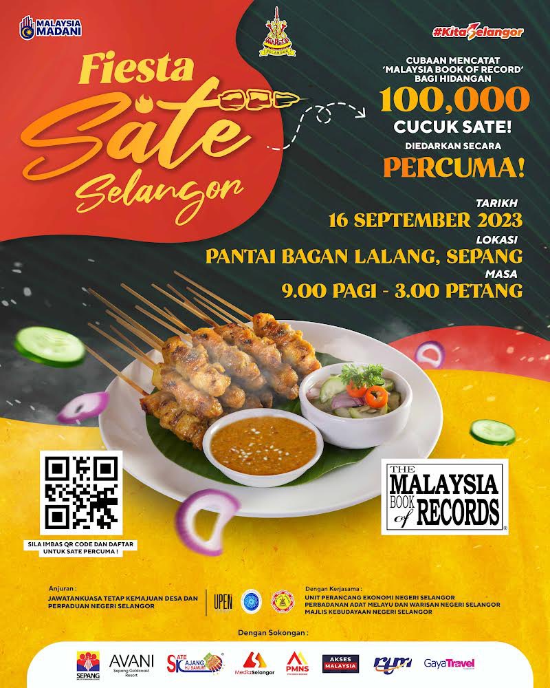 MPSepang's tweet photo. Fiesta Sate Selangor

Cubaan Mencatat ‘ Malaysia Book Of Record’ Bagi Hidangan 100,000 Cucuk Sate! Diedarkan Secara Percuma

Tarikh : 16 September 2023
Lokasi : Pantai Bagan Lalang, Sepang
Masa : 9.00 pagi hingga 4.00 petang

Ayuh beramai- ramai kita makan sate sampai kenyang! https://t.co/snrOeWfpZo